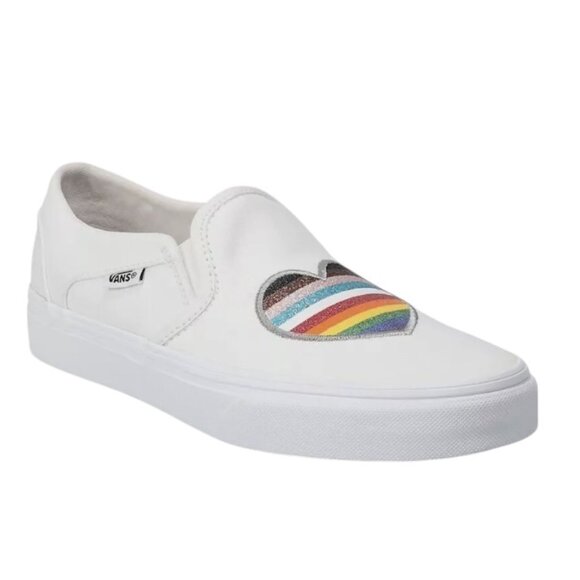 New Vans White Asher Rainbow Glitter Heart Slip On Canvas Sneaker Sz 7 - Picture 1 of 9